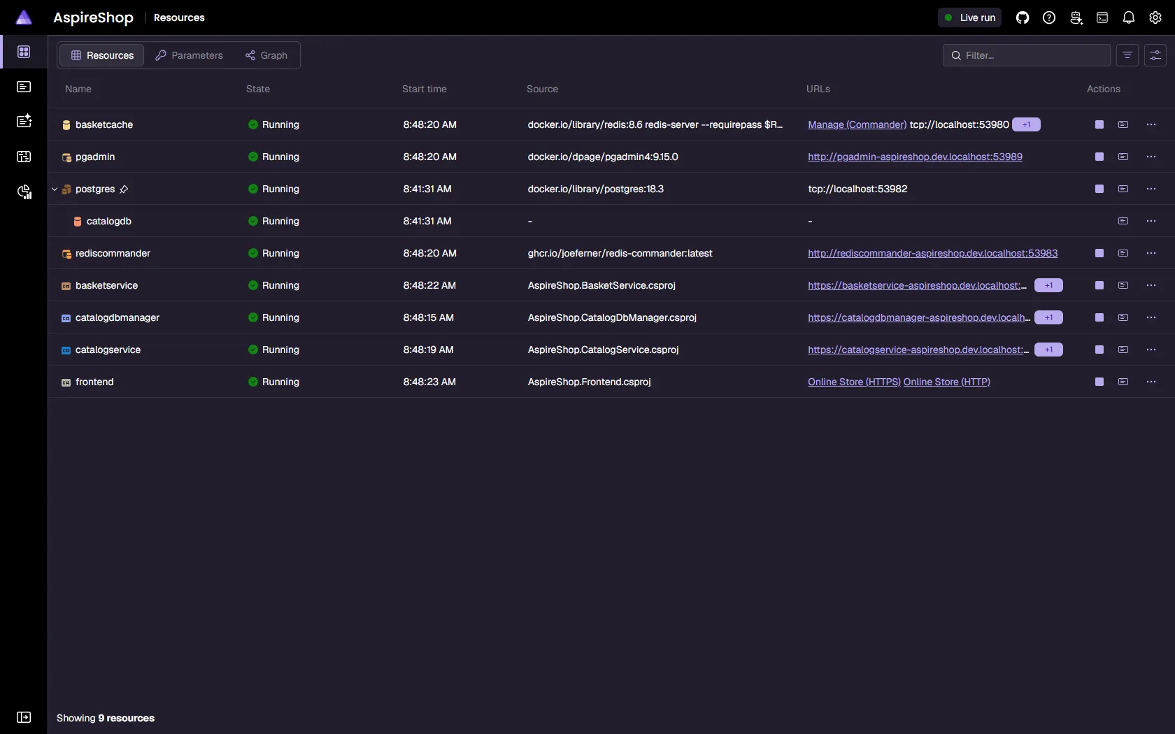 Aspire dashboard resources table listing every running project, container, and executable with state, endpoints, and actions.