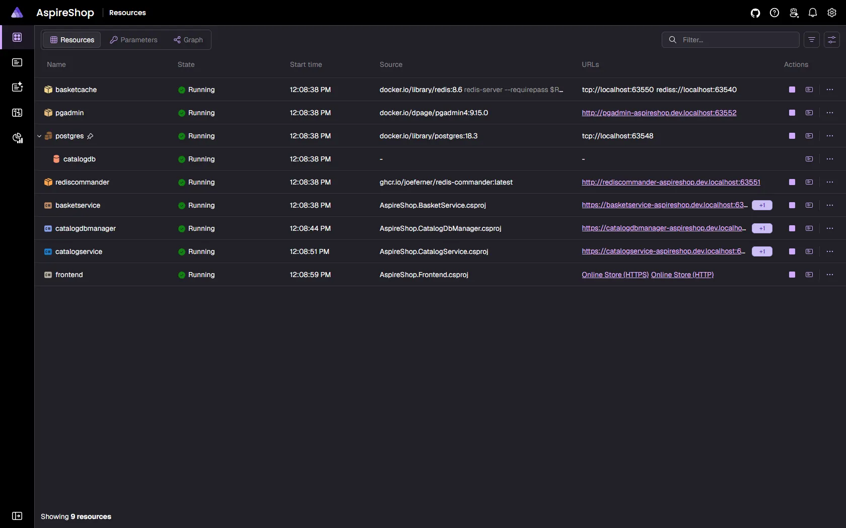Aspire dashboard resources table listing every running project, container, and executable with state, endpoints, and actions.