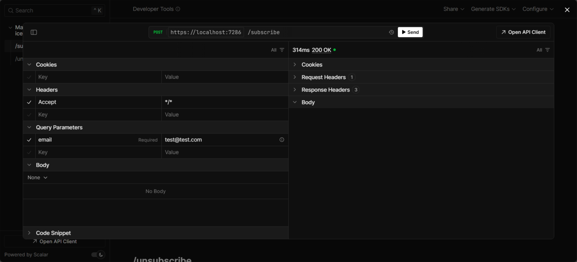 Scalar UI: Subscribe endpoint with email address.