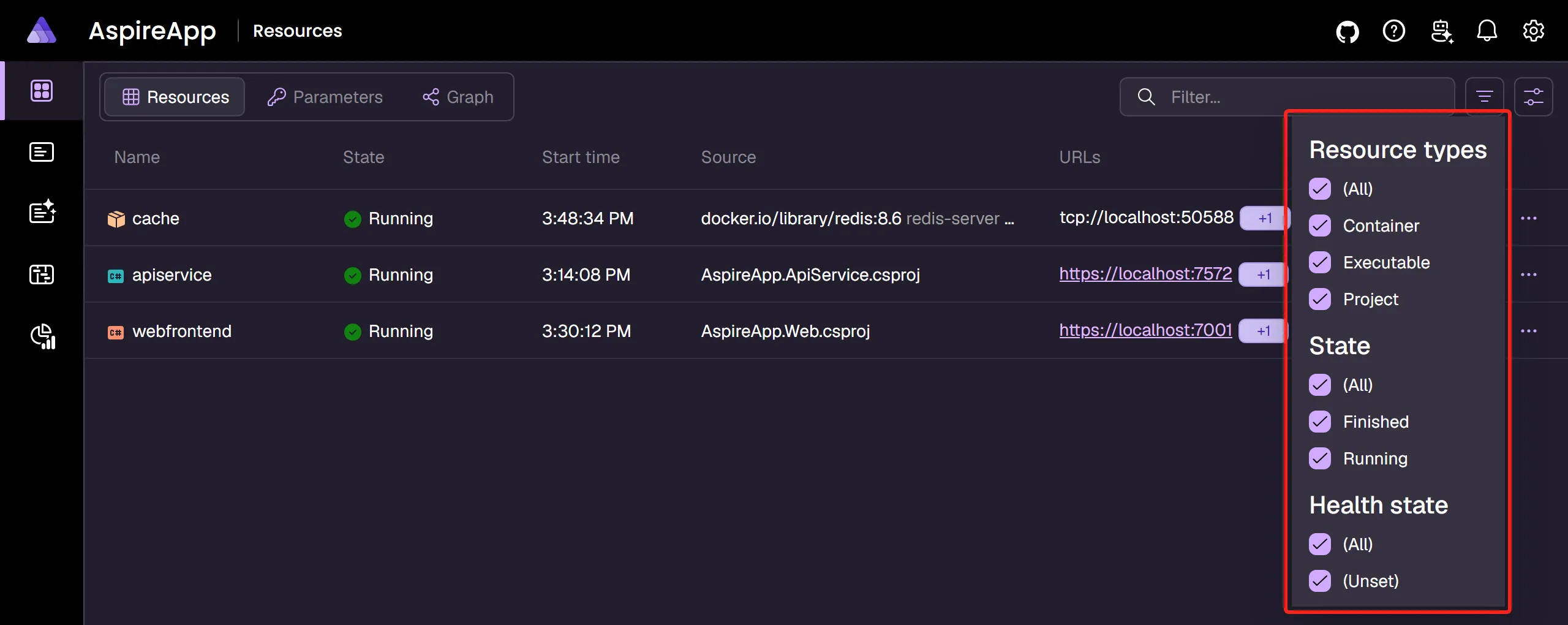 A screenshot of the resource type selector list in the Aspire dashboard Resources page.