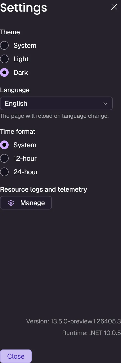 A screenshot of the Aspire dashboard Settings dialog, showing the Manage button under Resource logs and telemetry.