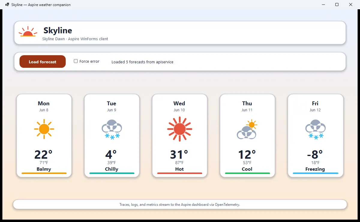 Screenshot of the Working with client apps in an Aspire application sample