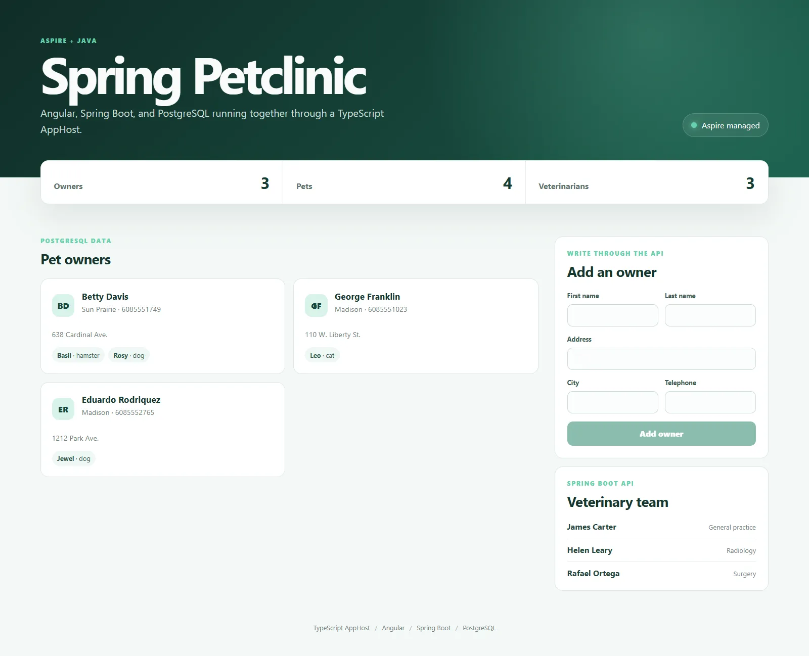 Screenshot of the Spring Petclinic with Angular, Spring Boot, and PostgreSQL sample