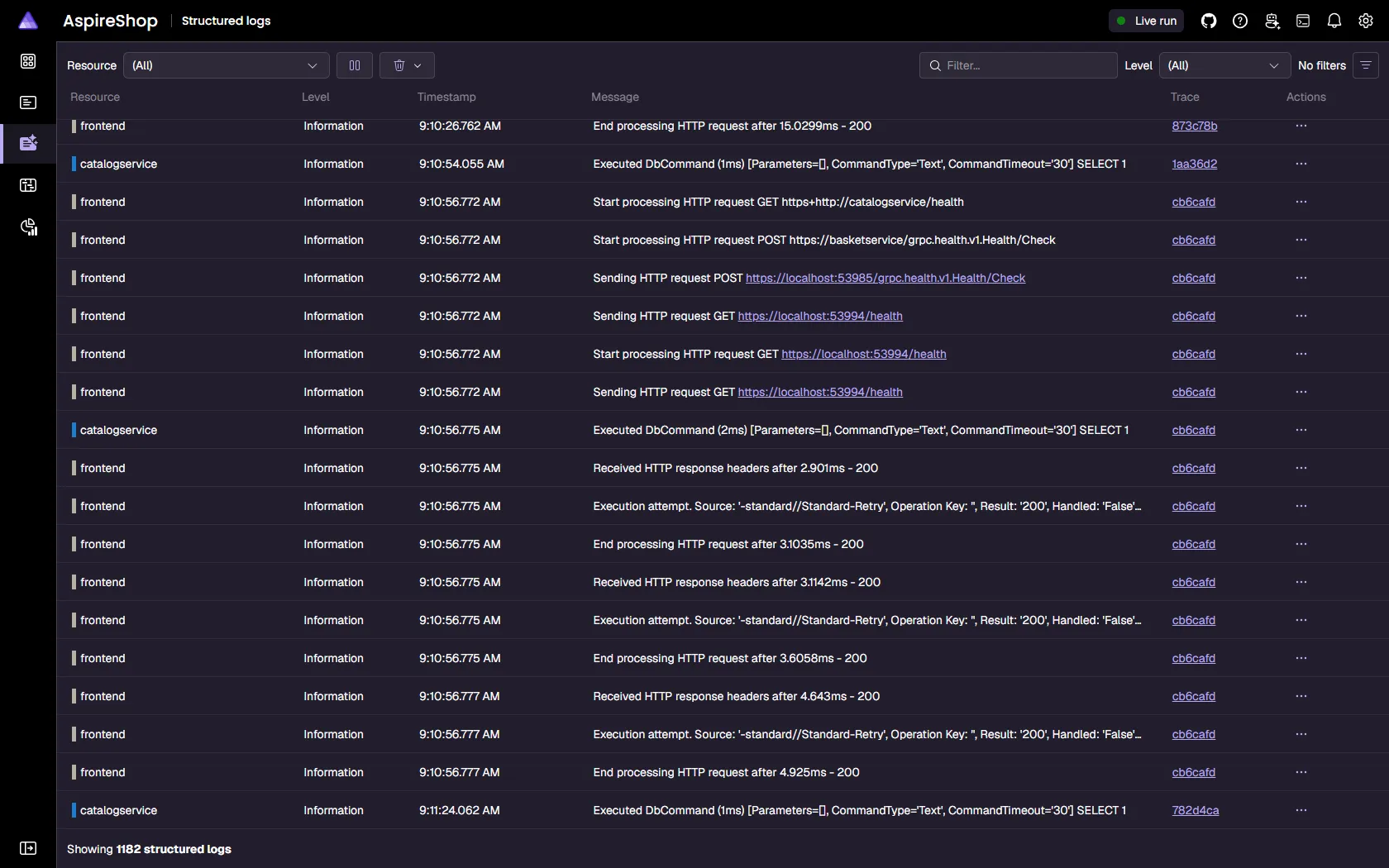 Aspire dashboard structured logs view with a filterable, searchable grid of OpenTelemetry log records.