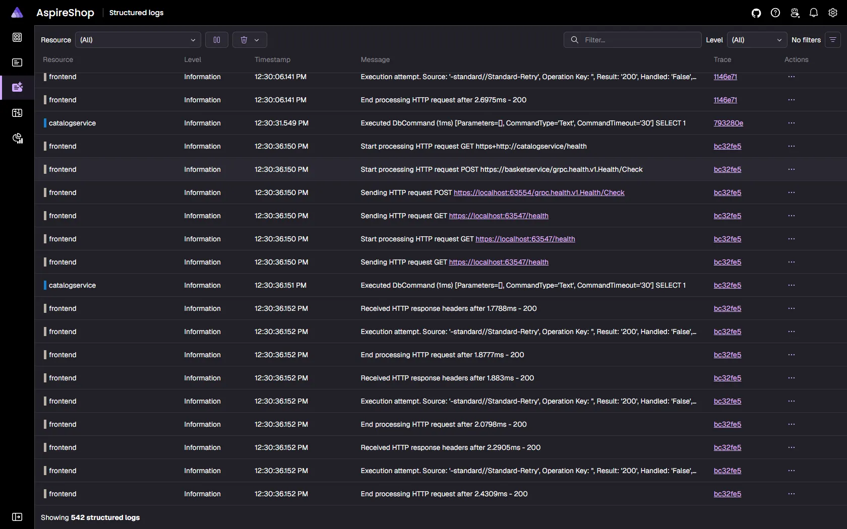 Aspire dashboard structured logs view with a filterable, searchable grid of OpenTelemetry log records.