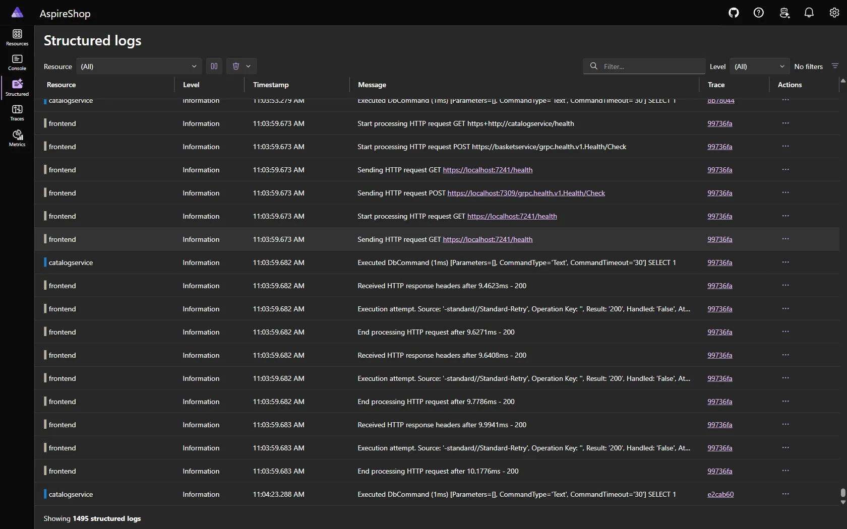 Aspire dashboard structured logs view with a filterable, searchable grid of OpenTelemetry log records.