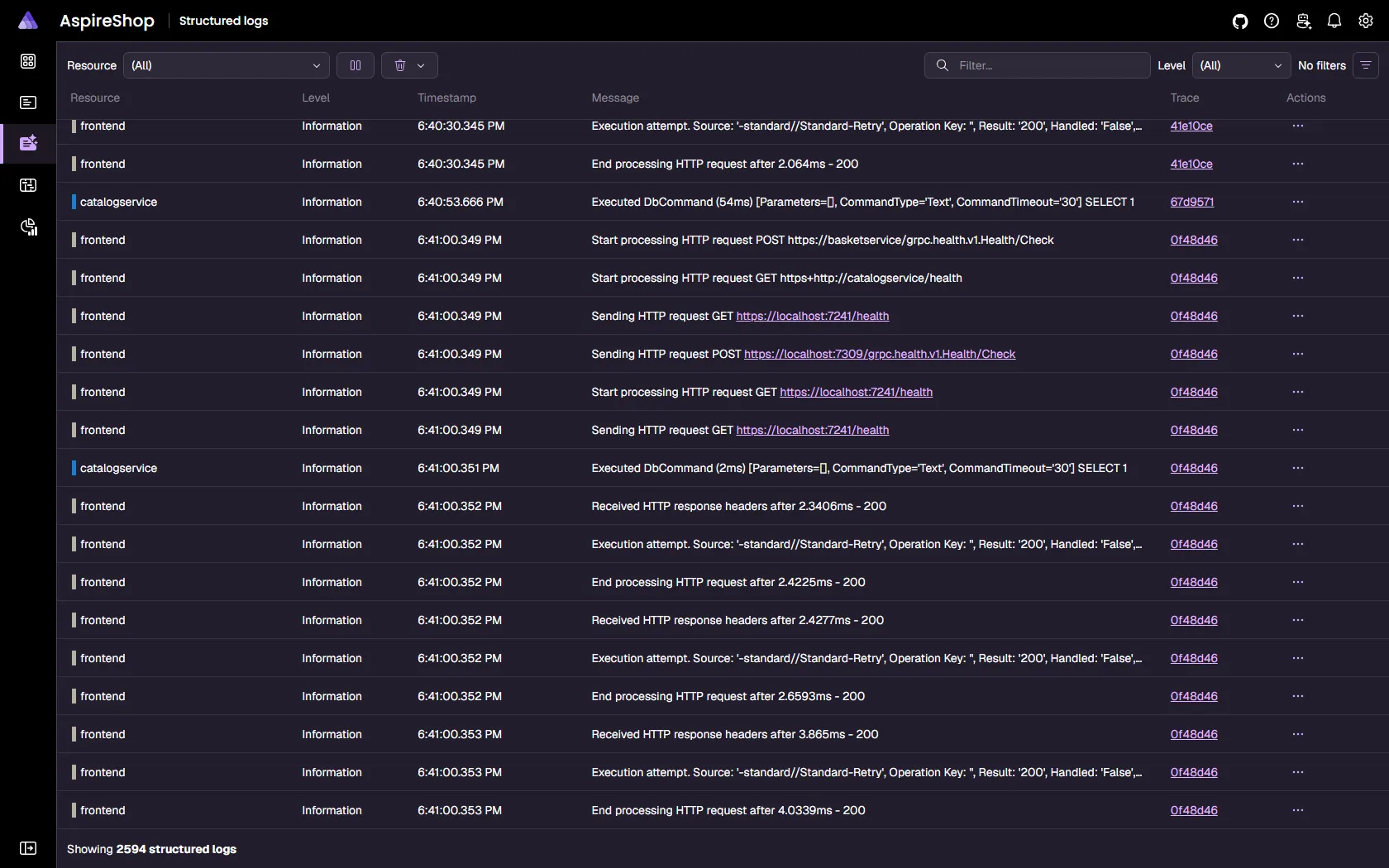 Aspire dashboard structured logs view with a filterable, searchable grid of OpenTelemetry log records.