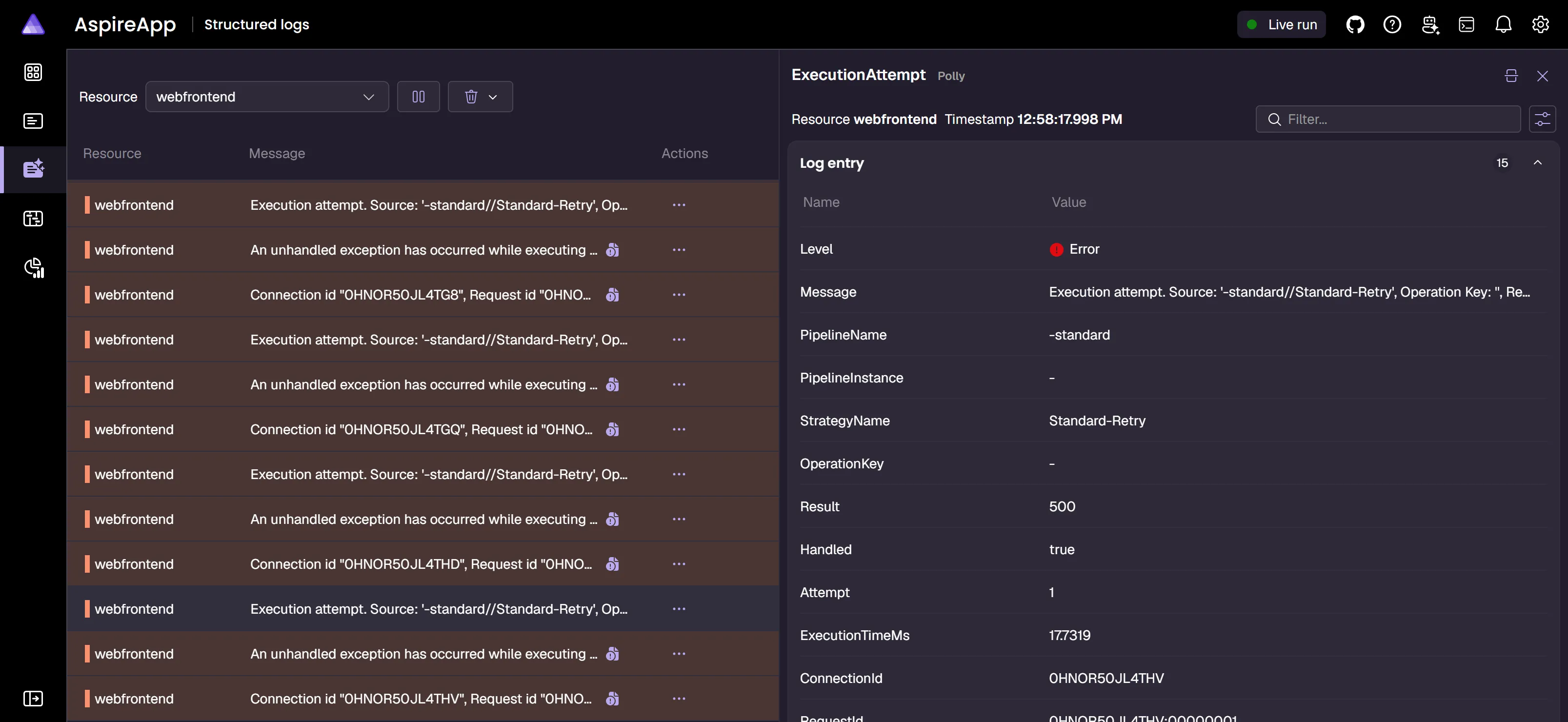 Aspire Dashboard structured logs error detail view showing log entries with severity, context, and error information.
