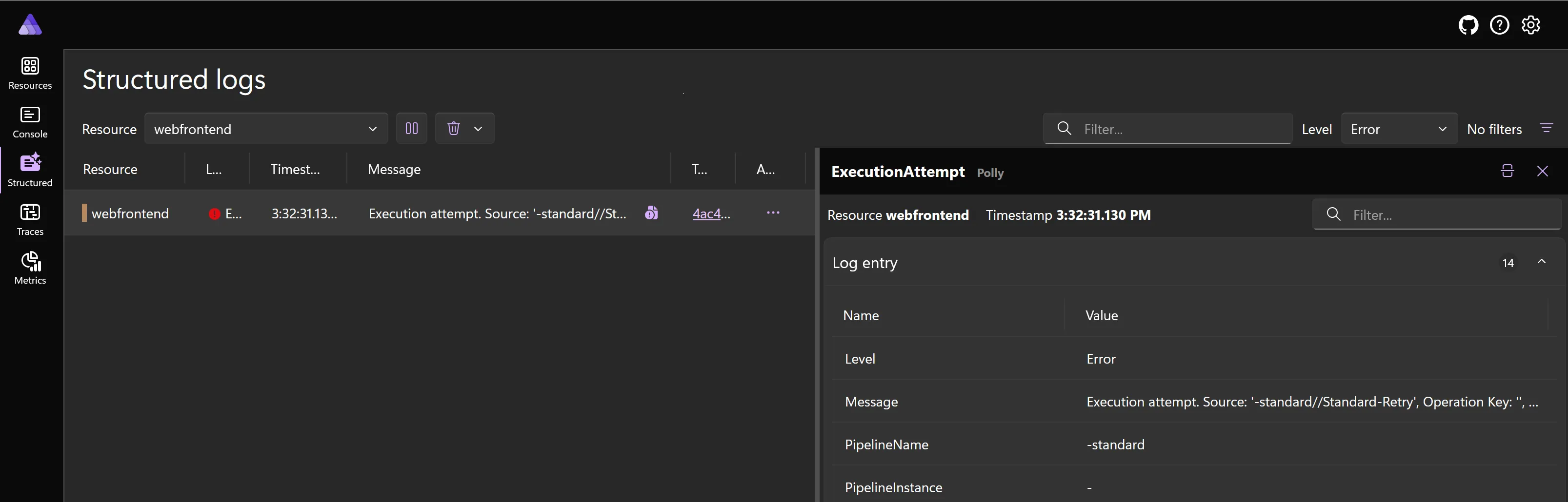 A screenshot of the Aspire dashboard Structured logs page, showing a lower window with the structured log entry details.