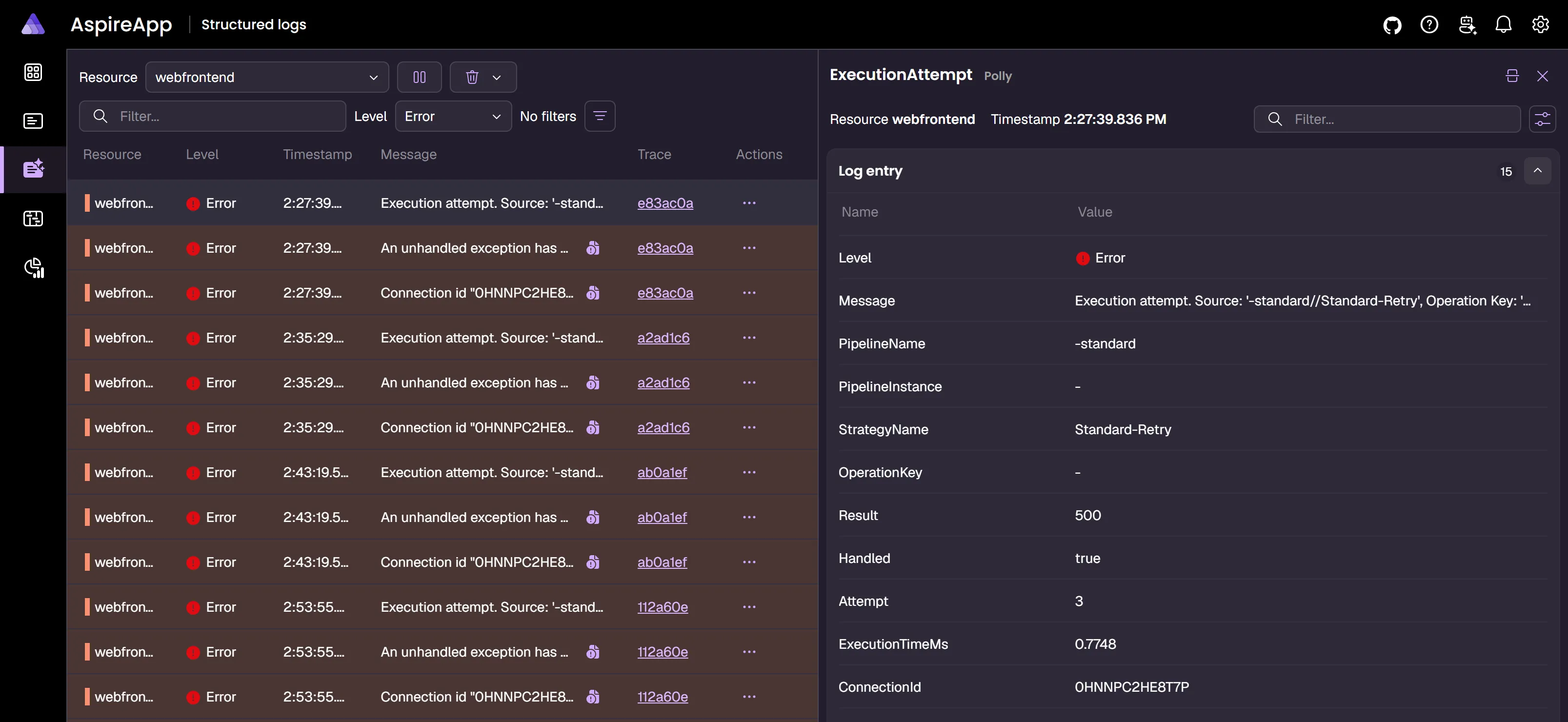 Aspire Dashboard structured logs error detail view showing log entries with severity, context, and error information.