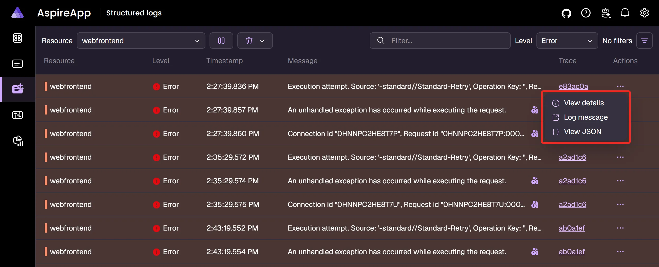 A screenshot of the Aspire dashboard Structured logs page, showing a filter applied to show only the logs relevant to the resource.