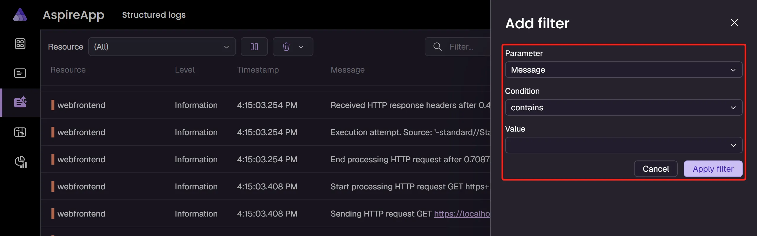 The Aspire dashboard structured logs page with a filter applied to narrow the displayed log entries.