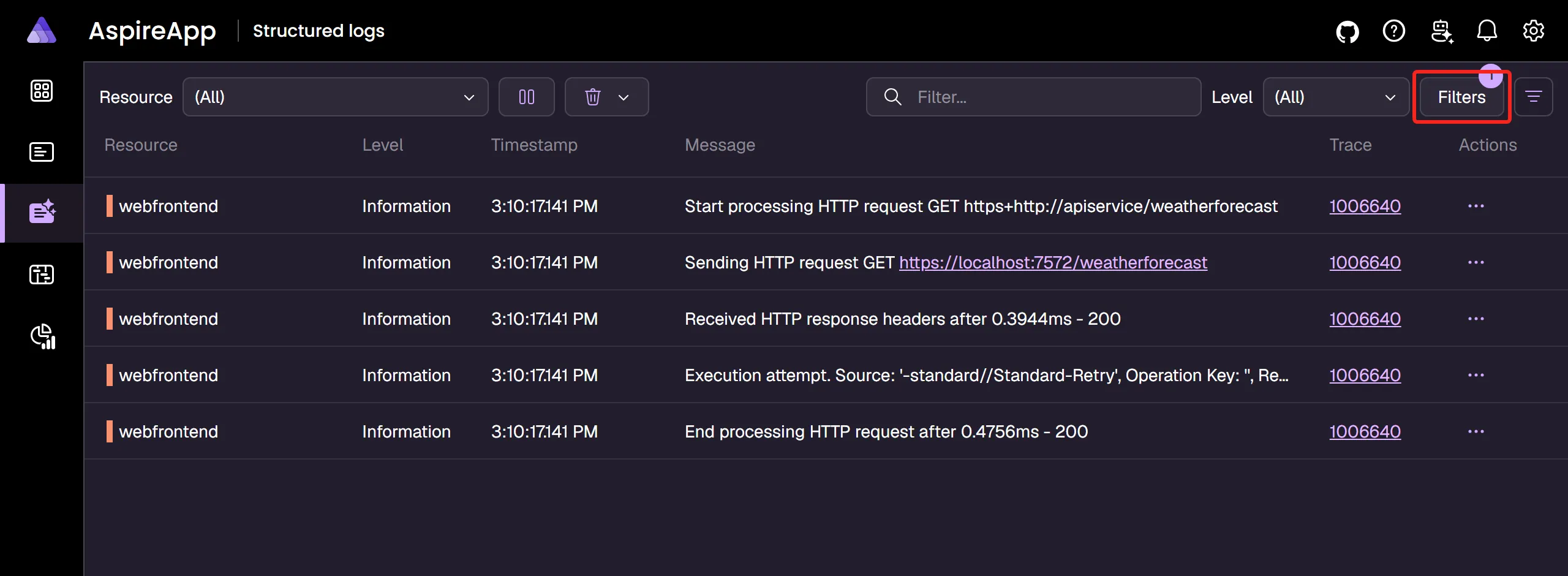 A screenshot of the Aspire dashboard Structured logs page, showing a filter applied to show only the logs relevant to the trace.