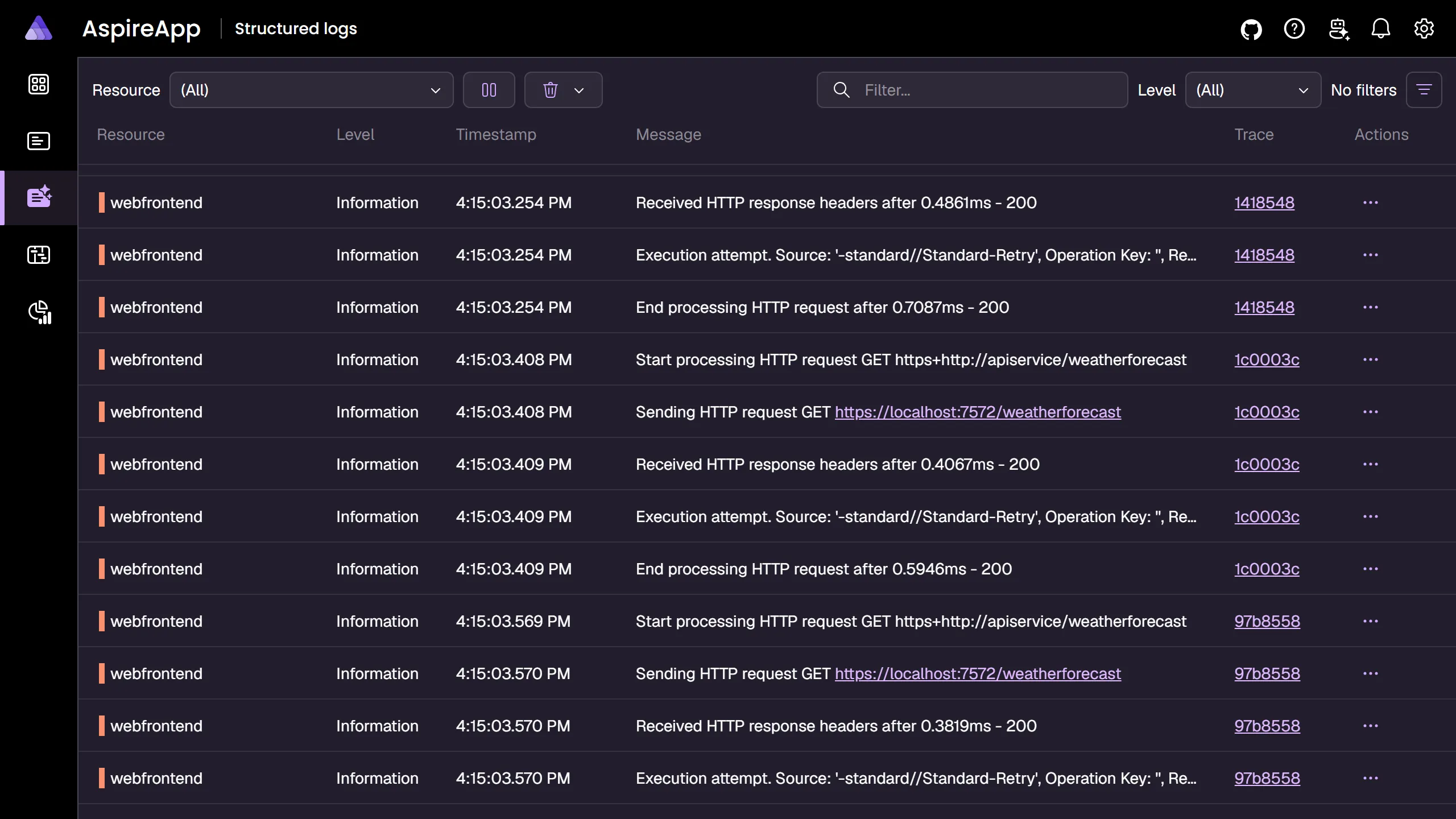 A screenshot of the Aspire dashboard Semantic logs page.
