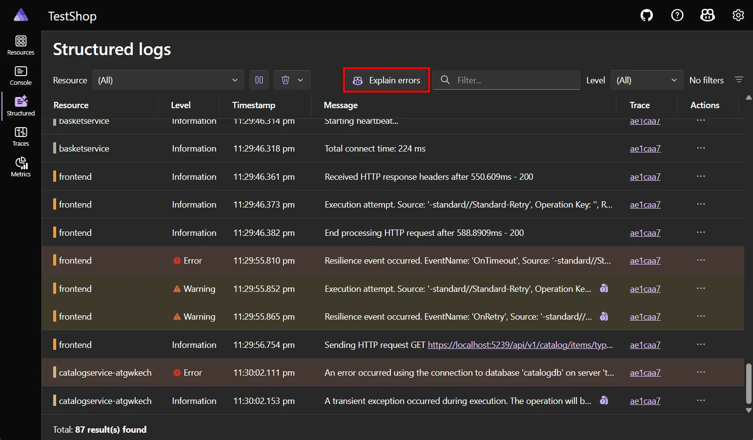 A screenshot of the structured logs page with an Explain errors button.