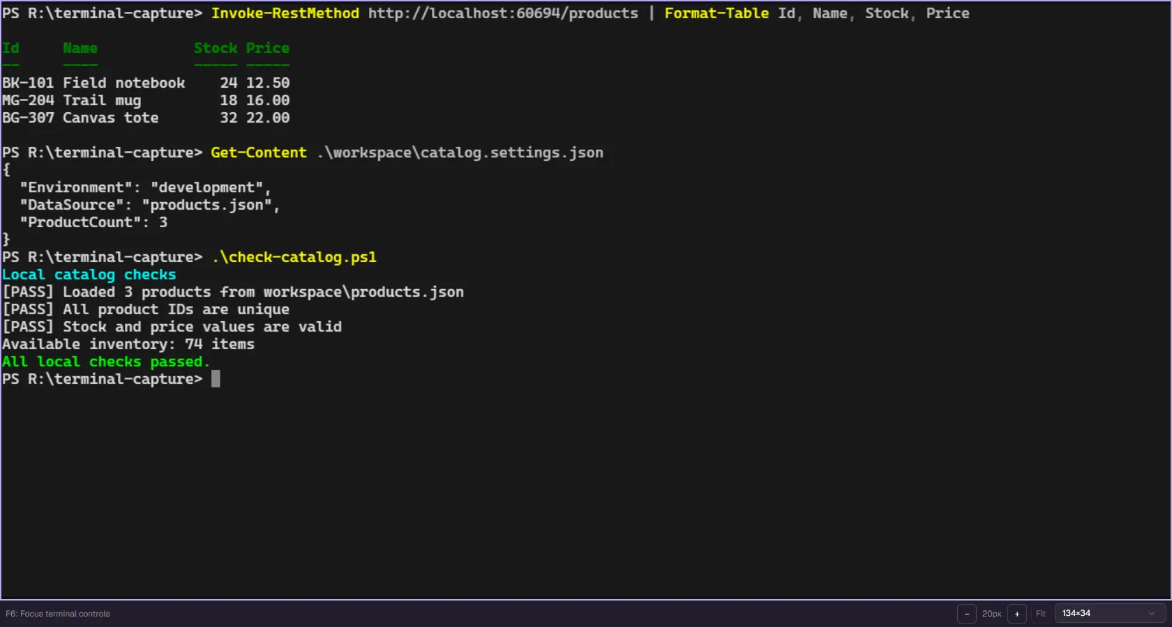 An AppHost-owned terminal in a separate window, showing completed local catalog checks.