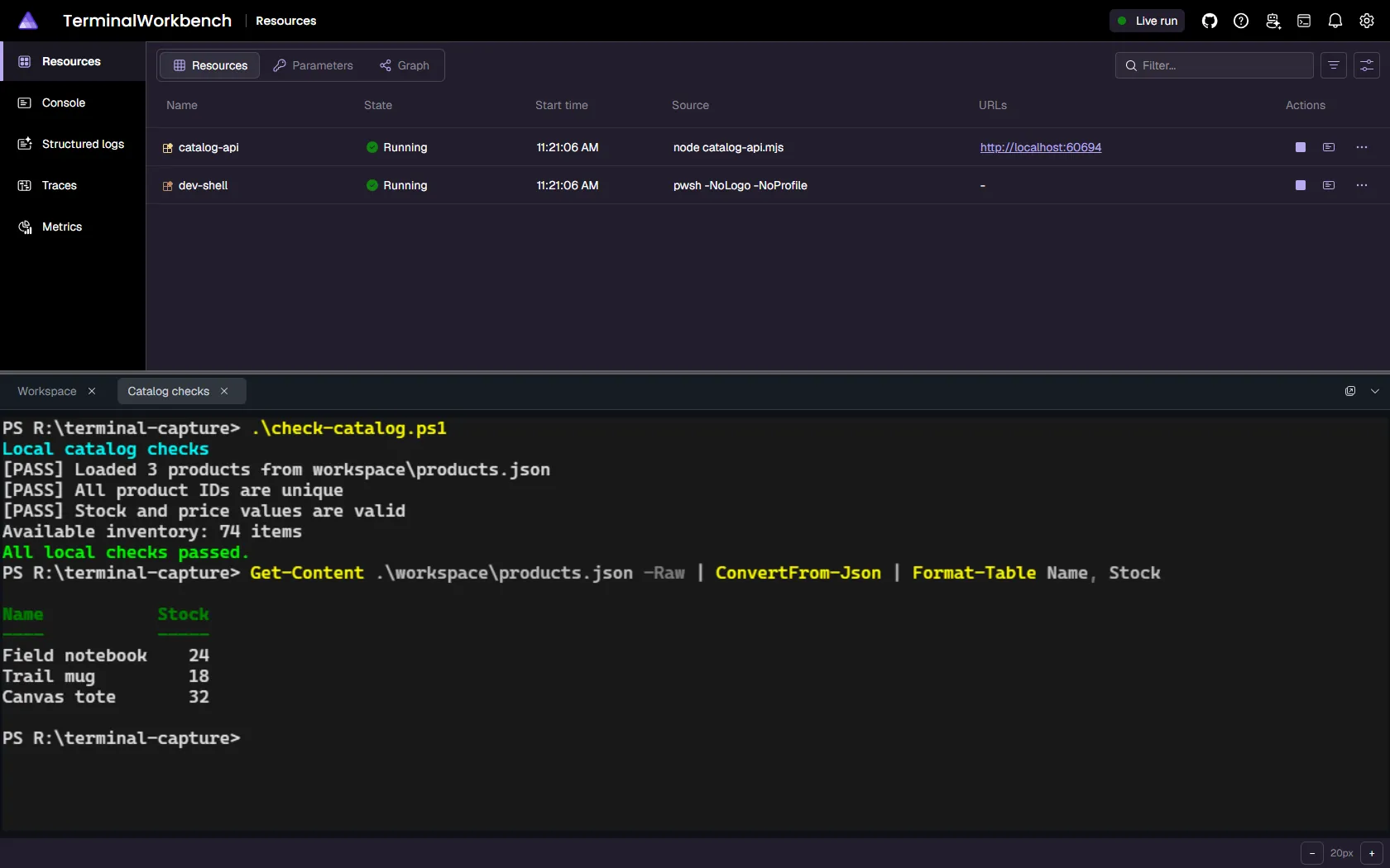 Aspire 13.6 resources page with AppHost-owned Workspace and Catalog checks terminal tabs in the dock.
