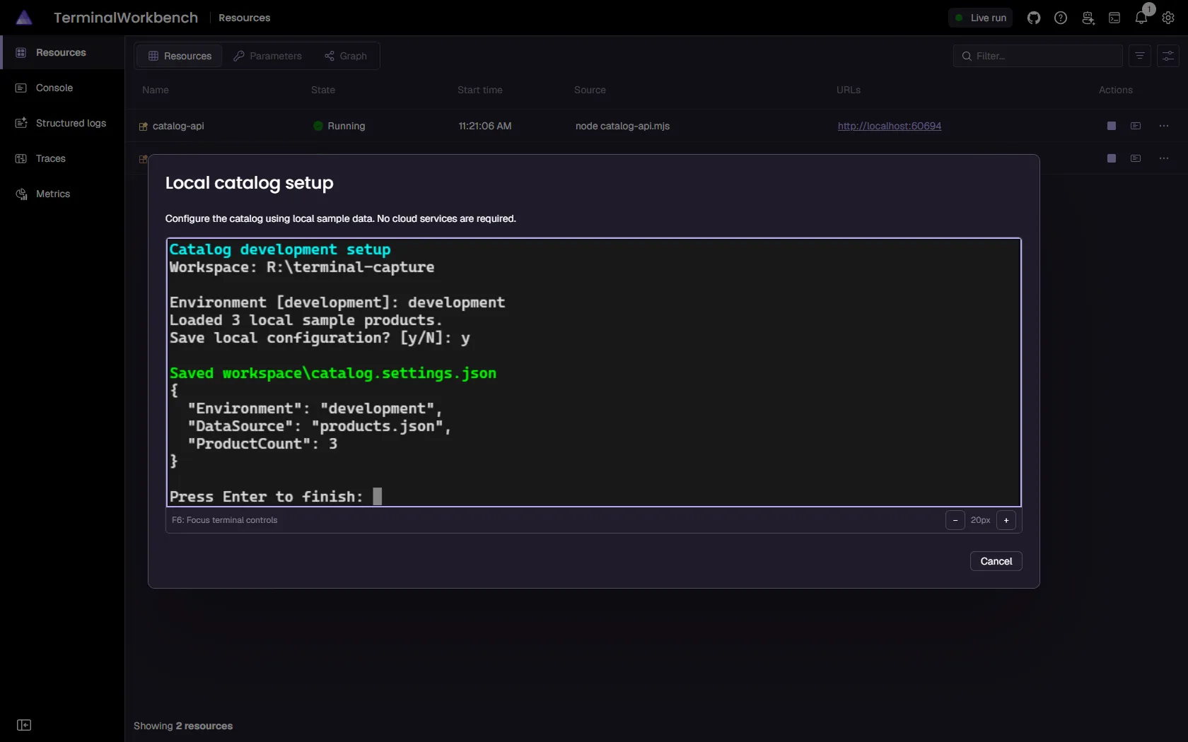 Aspire 13.6 terminal interaction dialog running and completing a local configuration workflow.