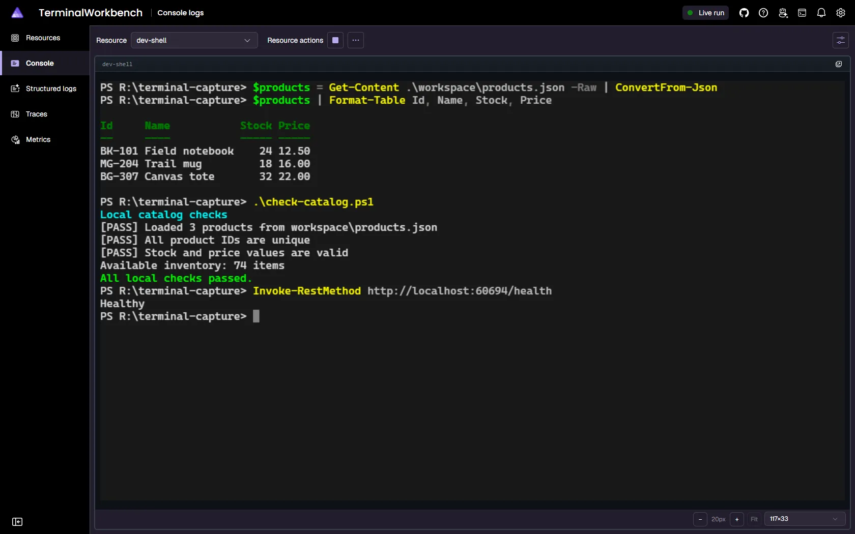 Aspire dashboard resource terminal running local shell commands and displaying catalog data.
