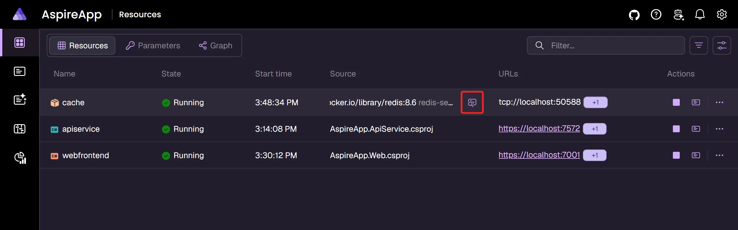 A screenshot of the Aspire dashboard Resources page, showing the ellipsis menu options.