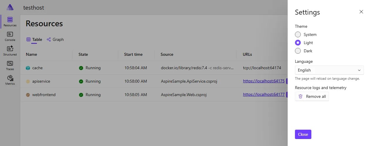 The Aspire dashboard Settings dialog, showing the Light theme selection.