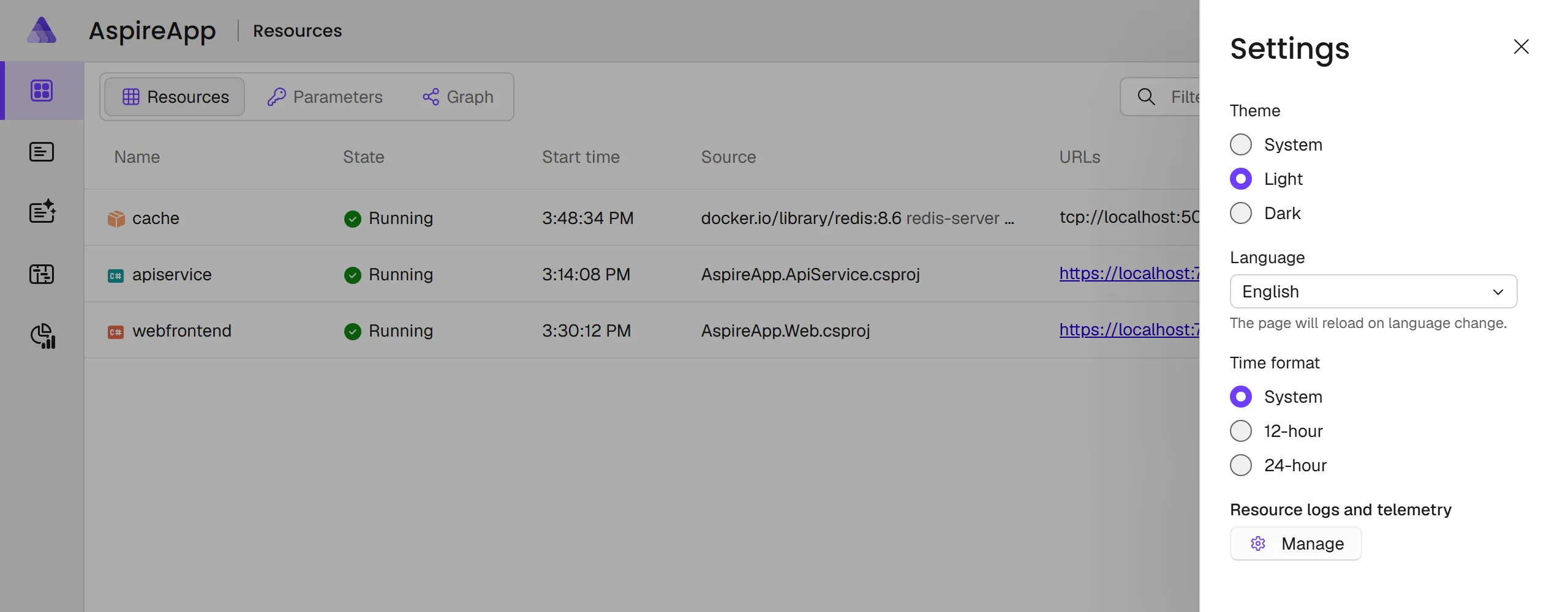 The Aspire dashboard Settings dialog, showing the Light theme selection.