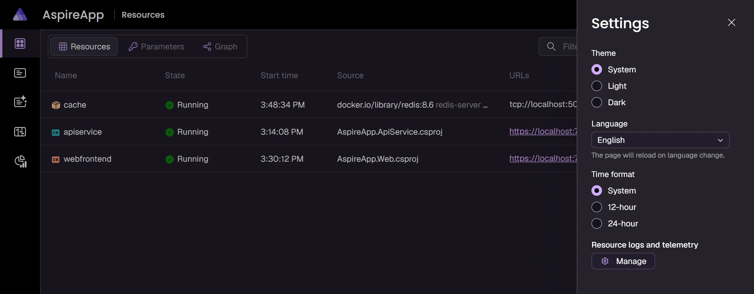 The Aspire dashboard Settings dialog, showing the System theme default selection.