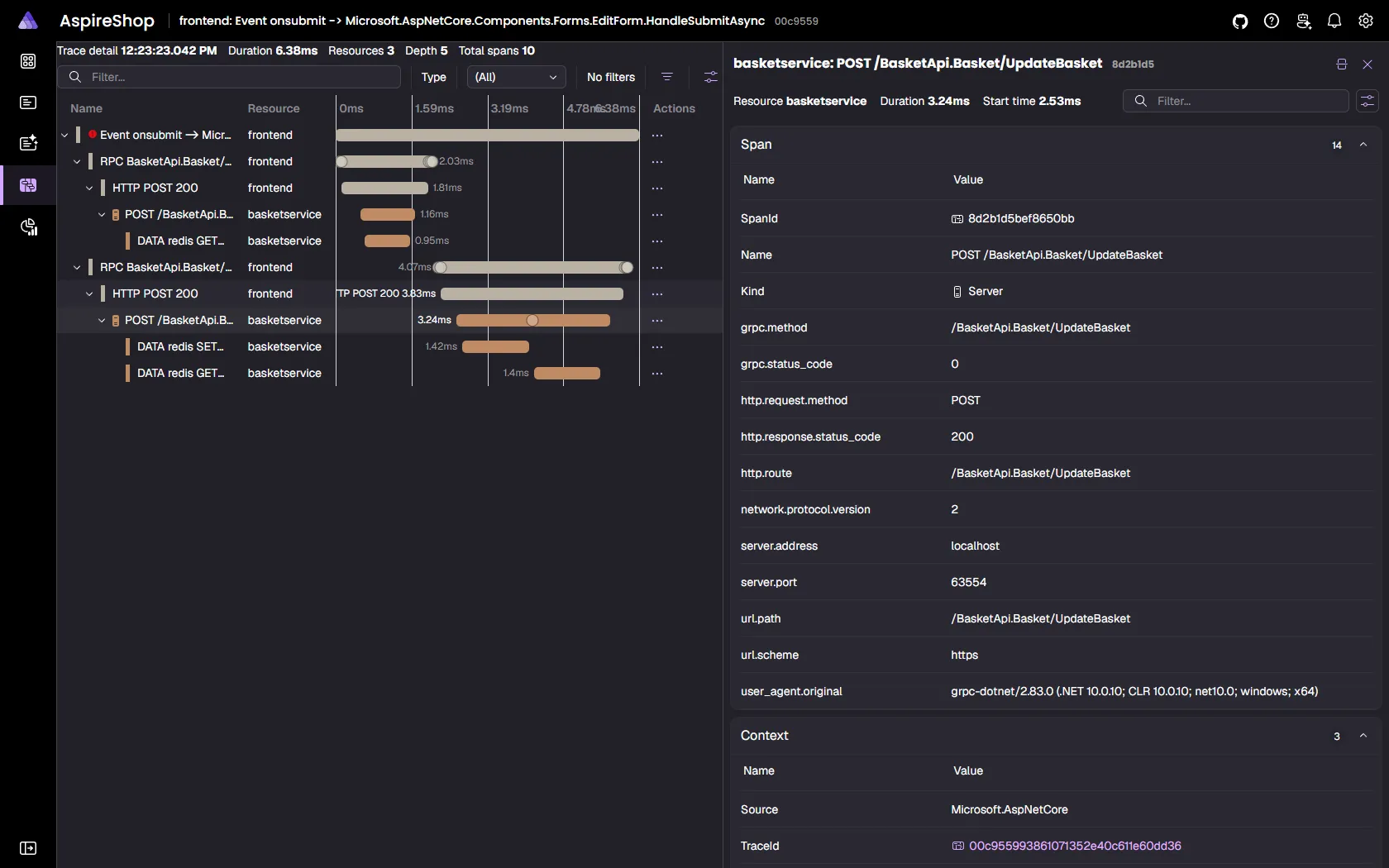 Aspire dashboard trace detail waterfall for an add-to-cart request across the frontend, basket service, and cache, with span attributes.