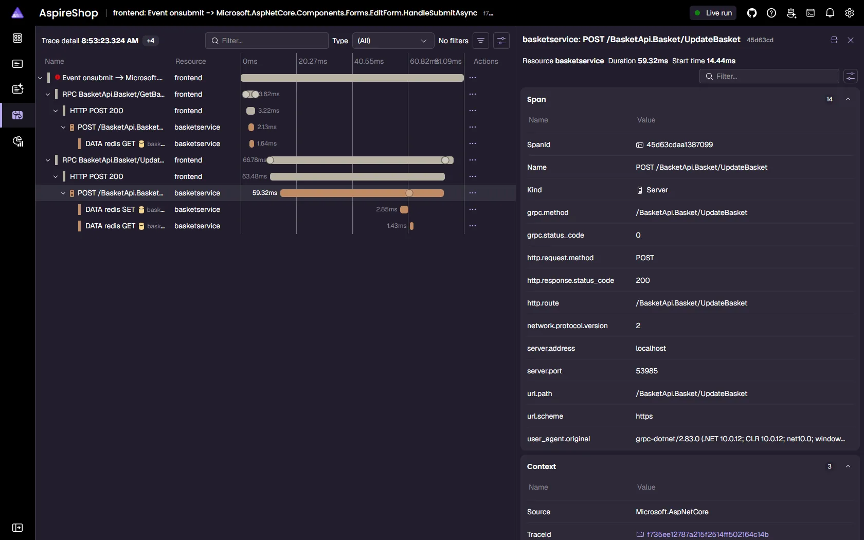 Aspire dashboard trace detail waterfall for an add-to-cart request across the frontend, basket service, and cache, with span attributes.