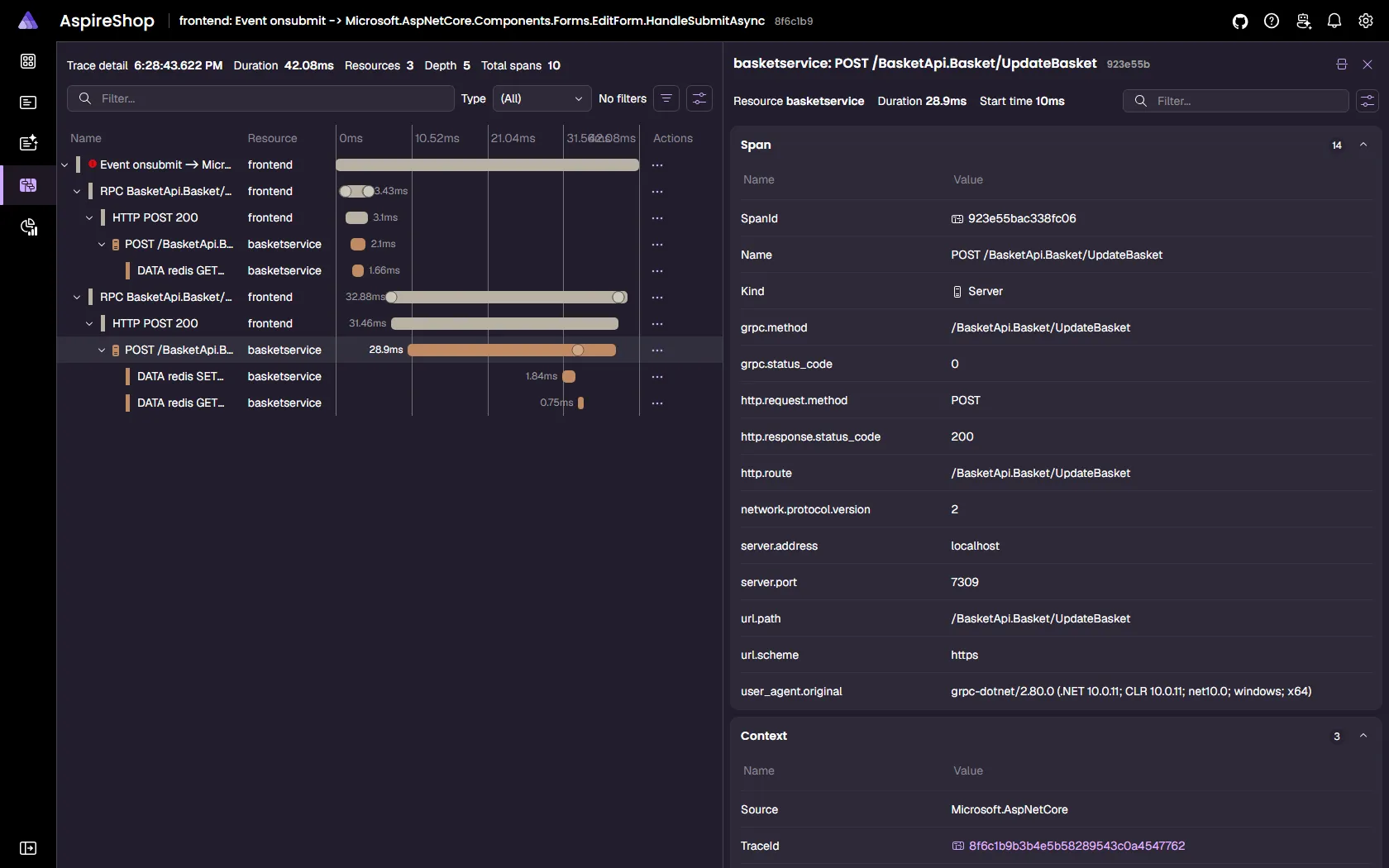 Aspire dashboard trace detail waterfall for an add-to-cart request across the frontend, basket service, and cache, with span attributes.