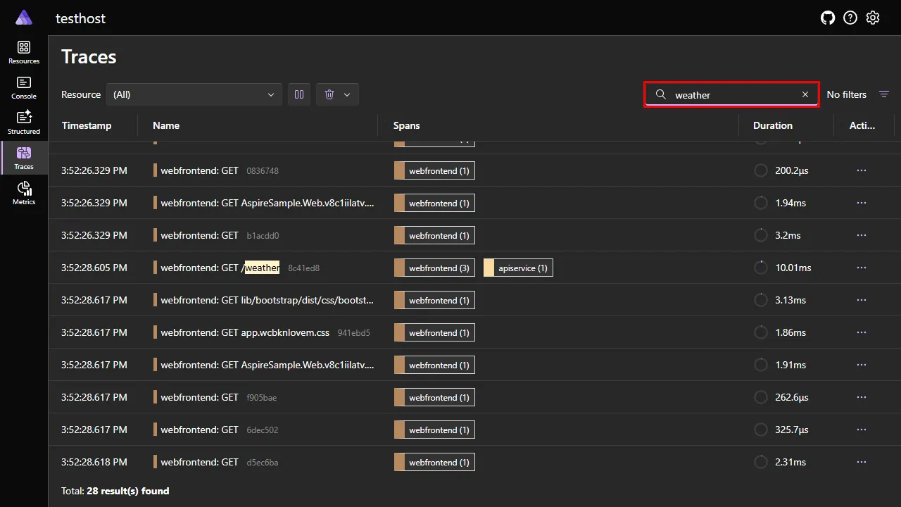 A screenshot of the Aspire dashboard Traces page, showing a filter applied to show only traces with the term 'weather'.