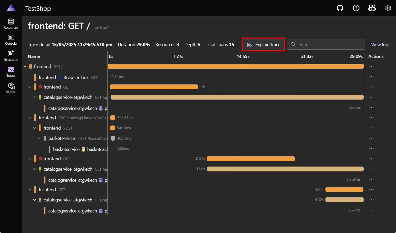 A screenshot of the trace details page with an Explain trace button.