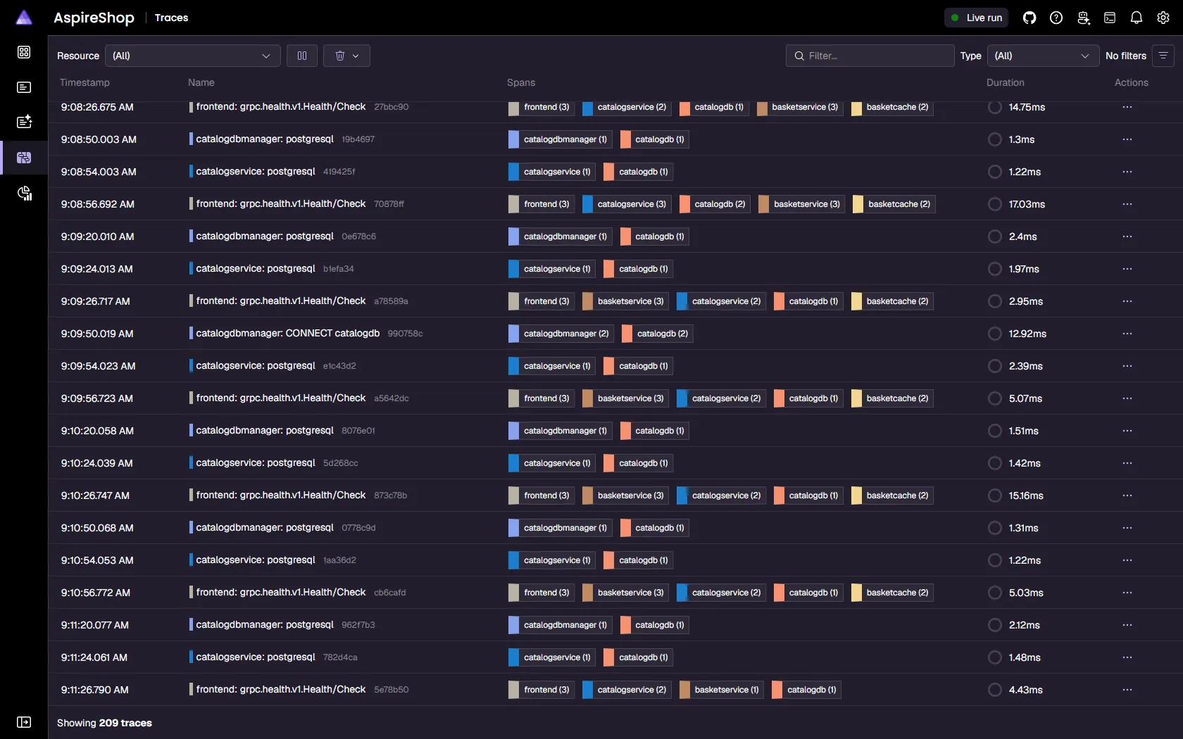 Aspire dashboard traces list showing distributed traces with per-resource span counts and durations.