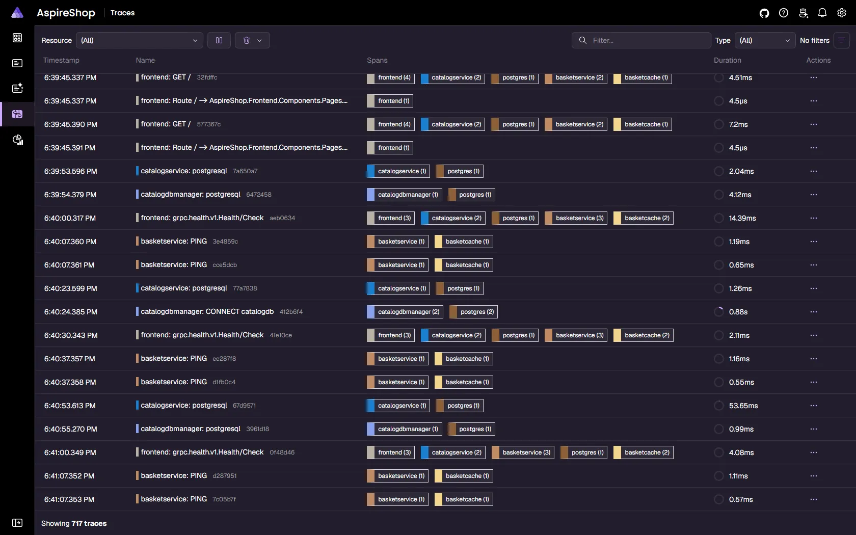 Aspire dashboard traces list showing distributed traces with per-resource span counts and durations.