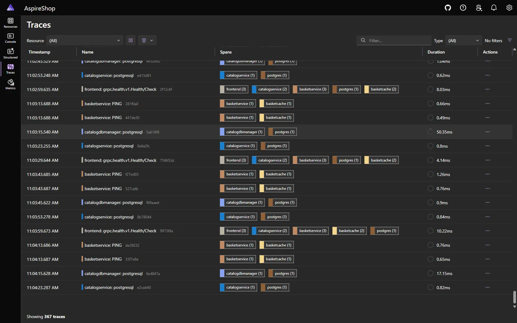 Aspire dashboard traces list showing distributed traces with per-resource span counts and durations.