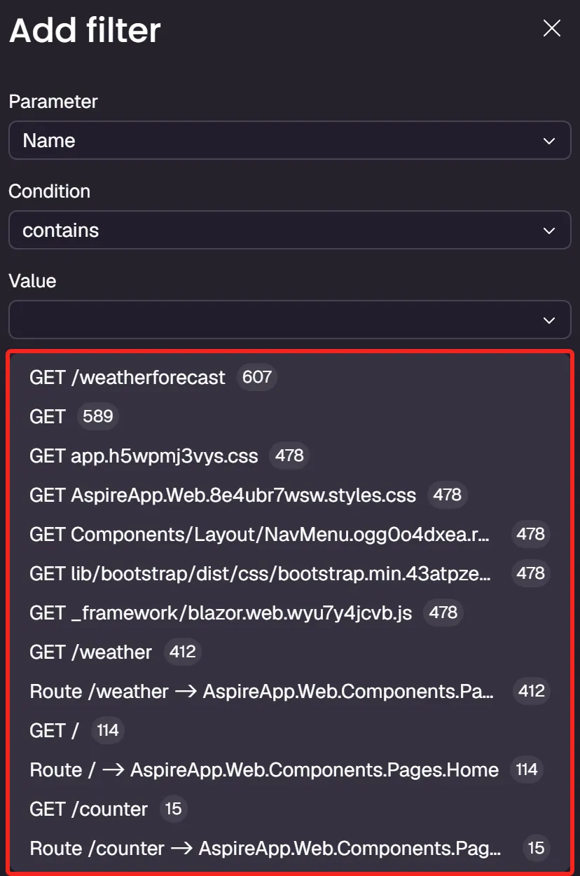 The Aspire dashboard traces page showing filtering controls used to focus on a specific set of traces.