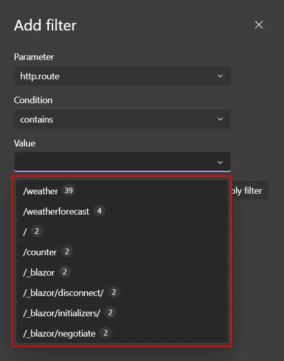 A screenshot of the Aspire dashboard Traces page, showing the Add filter dialog with the http.route parameter selected.