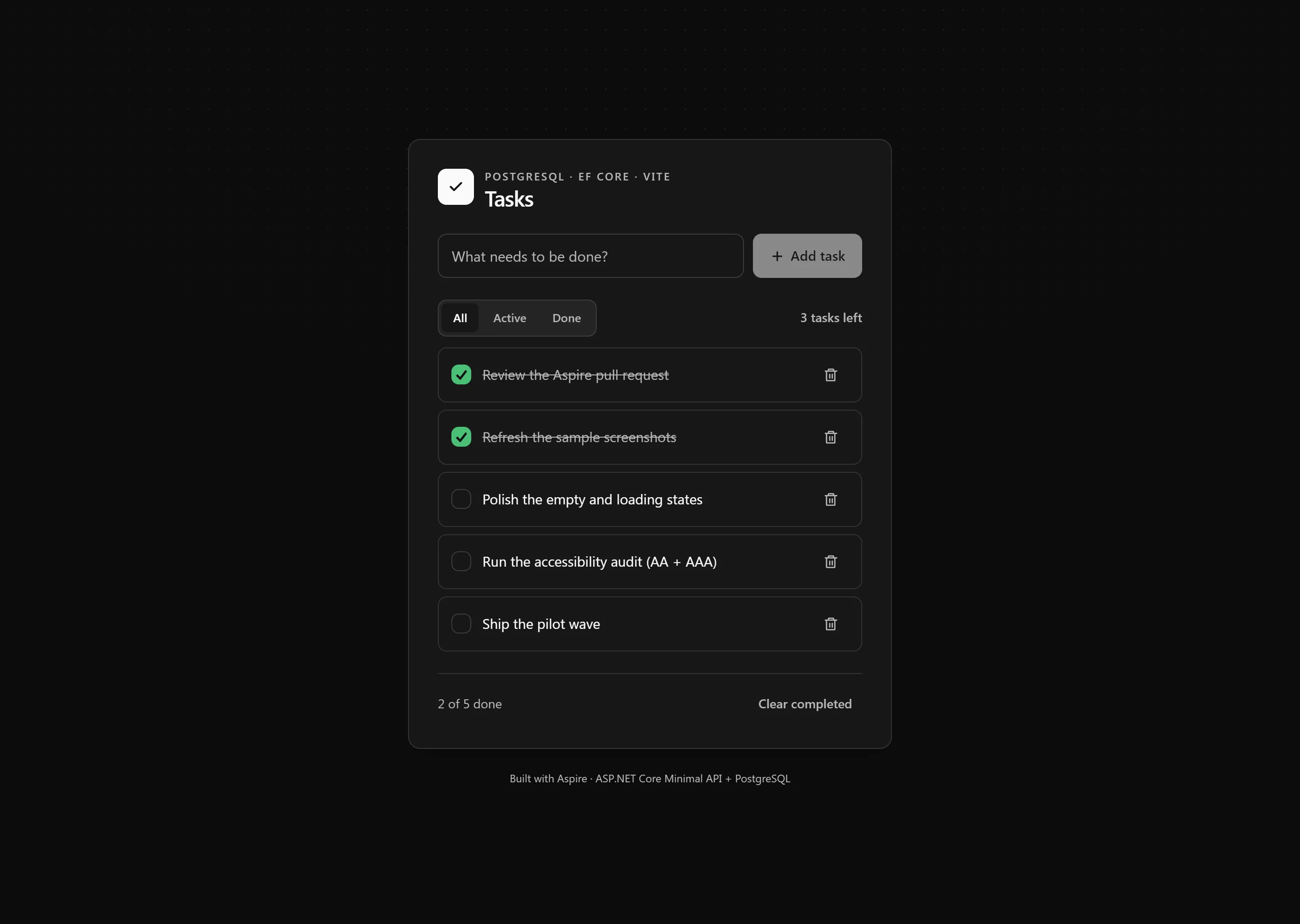 Screenshot of the ASP.NET Core Minimal API + PostgreSQL + Vite sample
