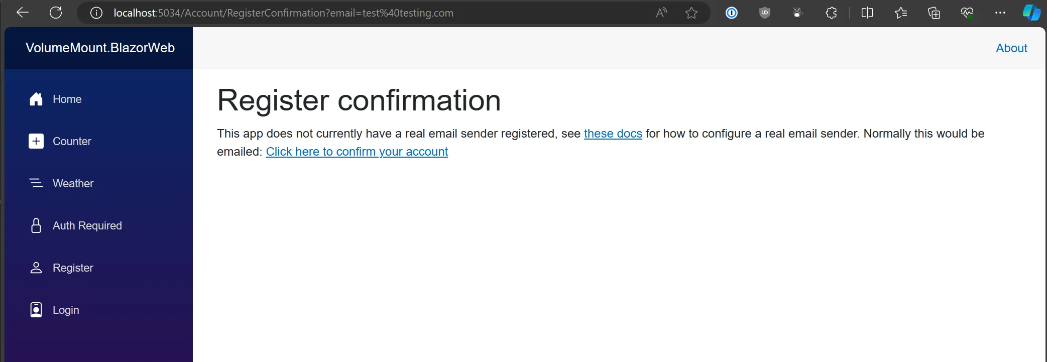 Screenshot of the account registration confirmation page