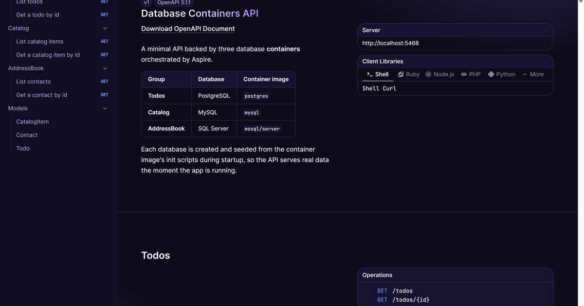 Containers For Api Sample Working with database containers in an Aspire application | Aspire